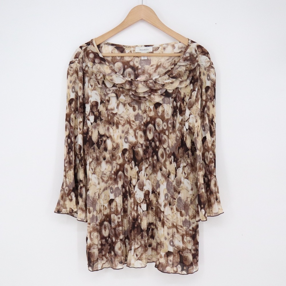Dressbarn Blouse Womens XL Brown Abstract Pleated Ruffle Neck Bell Sleeve NWT